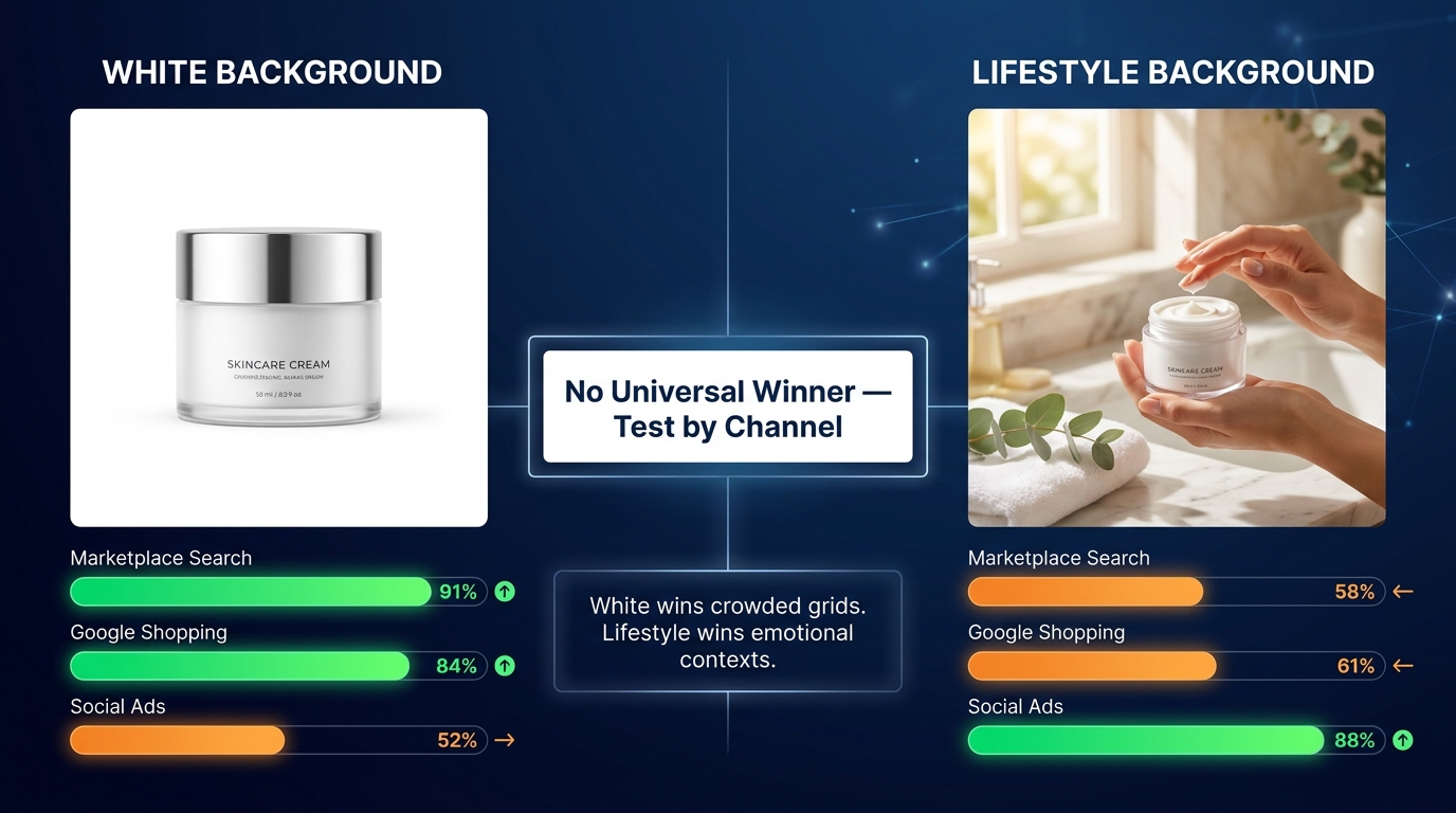 Infographic comparing white background versus lifestyle background product image performance across marketplace search, Google Shopping, and social ads contexts