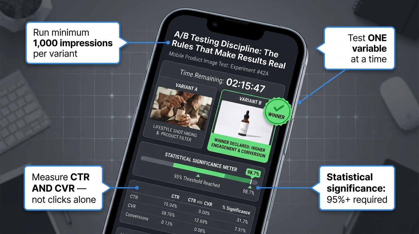 A/B test dashboard on mobile showing image variants being tested with statistical significance meter reaching 95% confidence, with testing discipline annotations