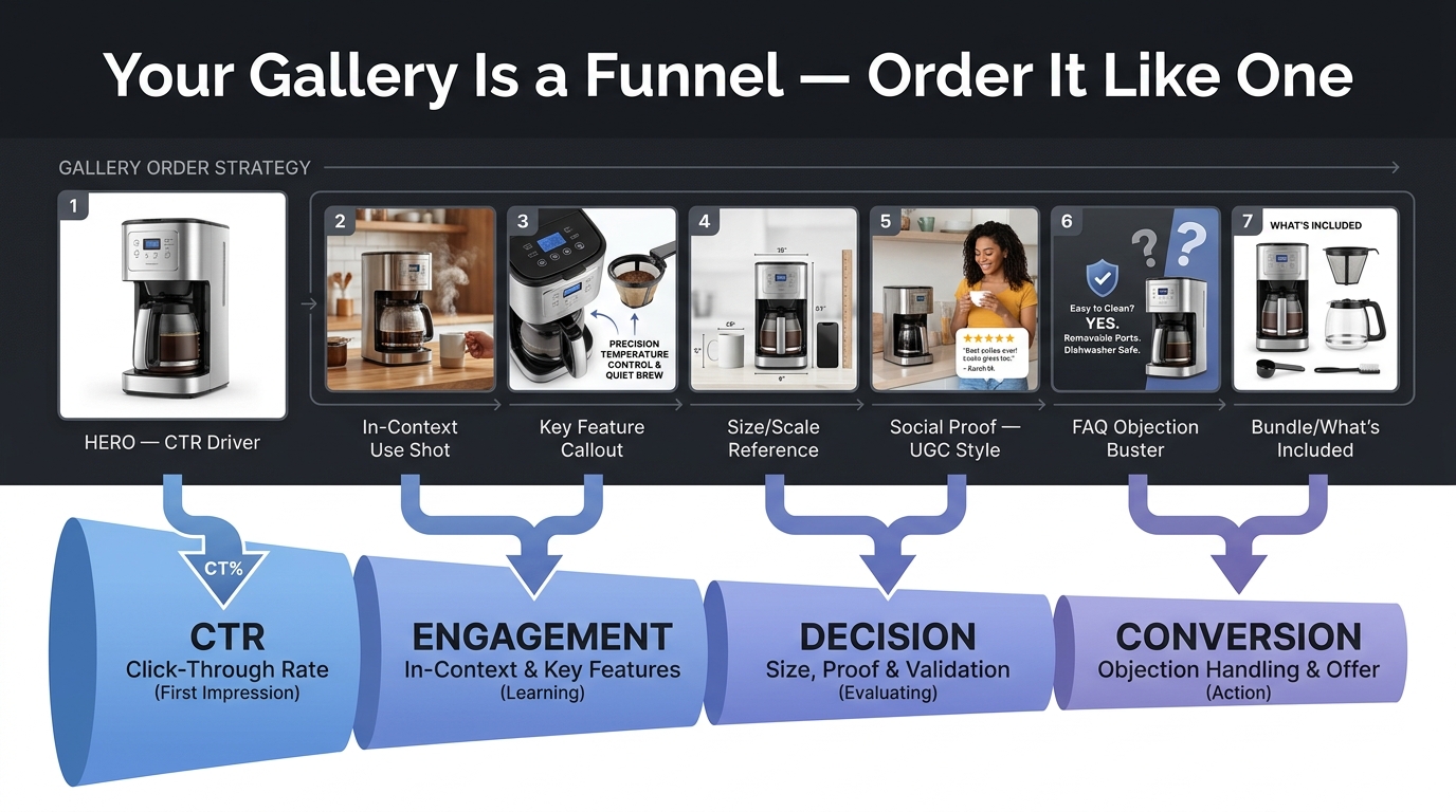 Product gallery order strategy infographic showing 7 images sequenced as a funnel from CTR driver through engagement, decision, and conversion stages