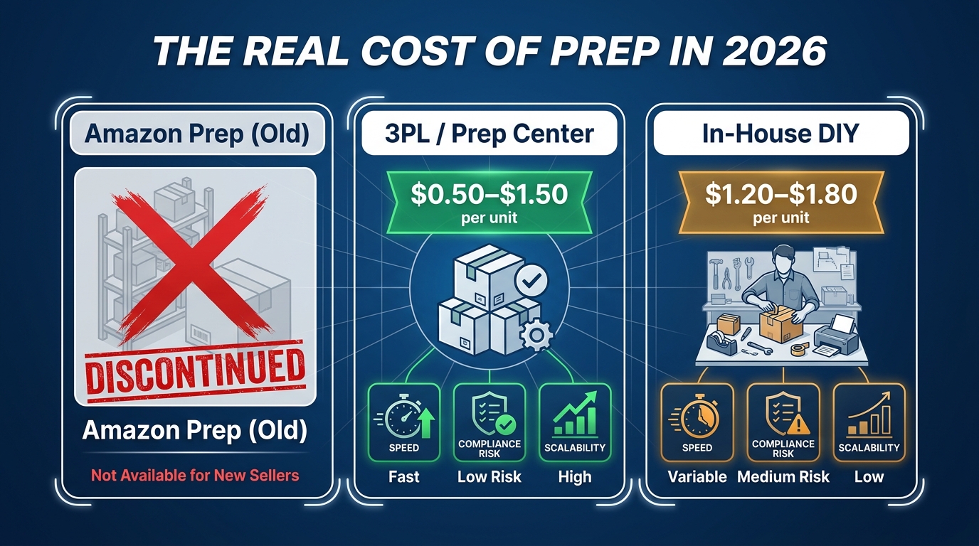 Cost comparison infographic: 3PL prep center costs $0.50–$1.50 per unit versus in-house DIY prep at $1.20–$1.80 per unit in 2026