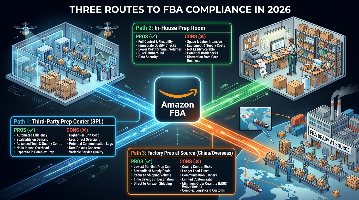 Three routes to FBA compliance in 2026 — 3PL prep centers, in-house operations, and supplier-level factory-ready prep