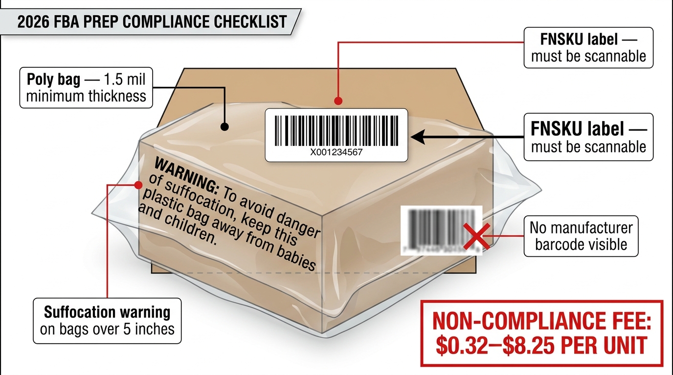 2026 FBA prep compliance checklist showing FNSKU labeling requirements, poly bag specifications, and non-compliance penalty fees of $0.32–$8.25 per unit