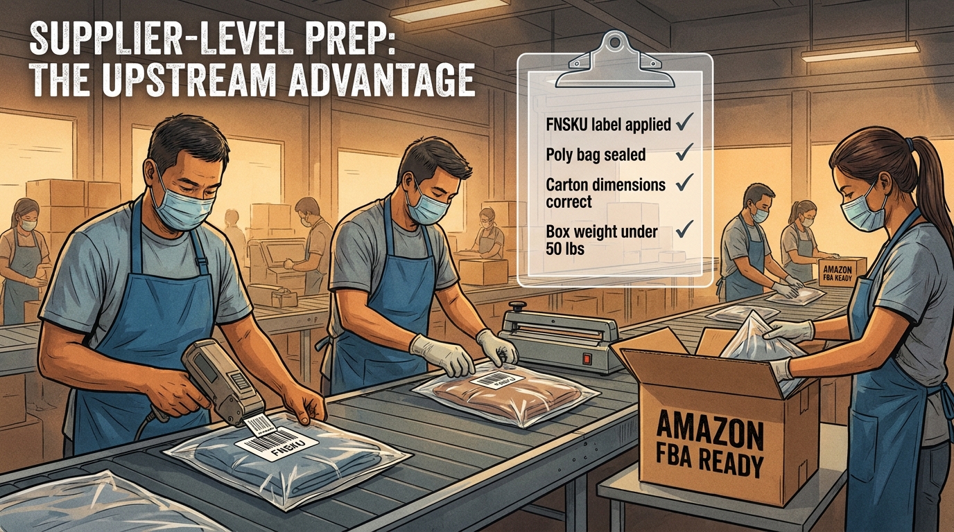 Supplier factory workers applying FNSKU labels and poly bags to Amazon FBA-ready products at the source before shipping