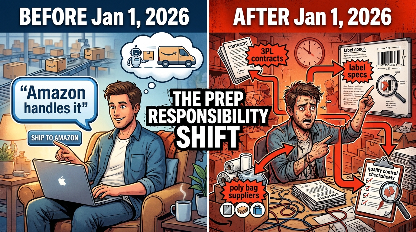 Before and after comparison showing the FBA prep responsibility shift from Amazon to sellers in 2026