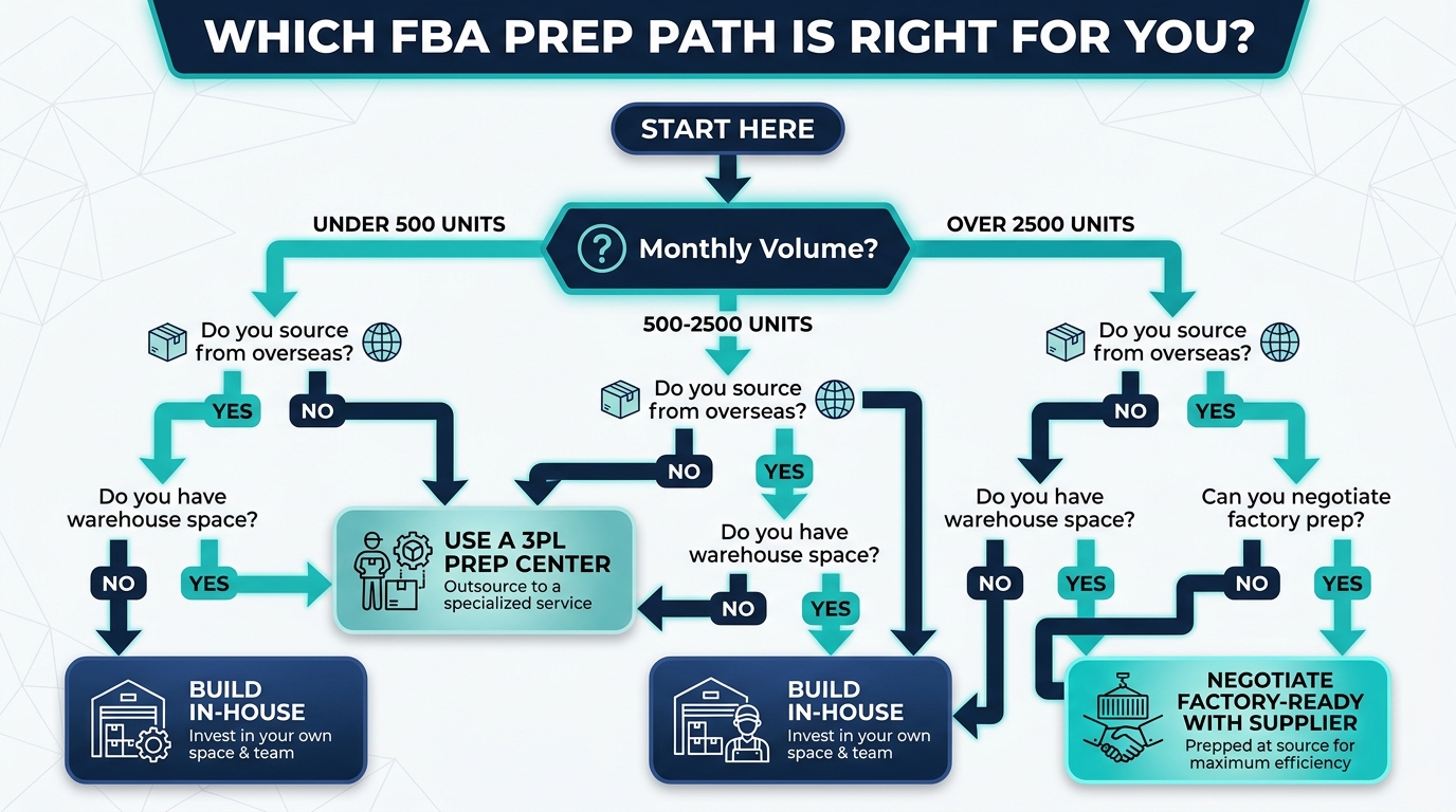 Decision flowchart helping Amazon sellers choose between 3PL prep centers, in-house prep operations, or factory-ready supplier prep based on volume and situation