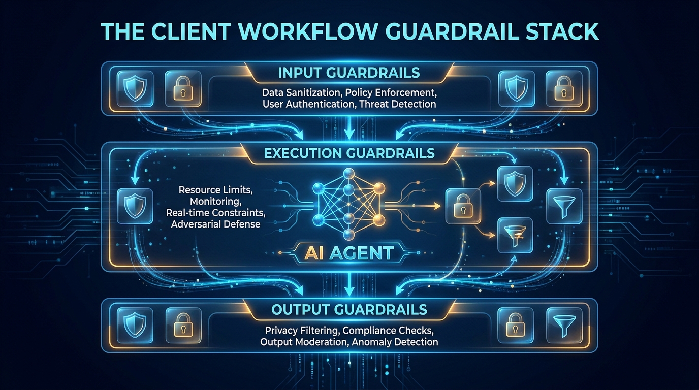 The Client Workflow Guardrail Stack — AI agent layered control architecture diagram
