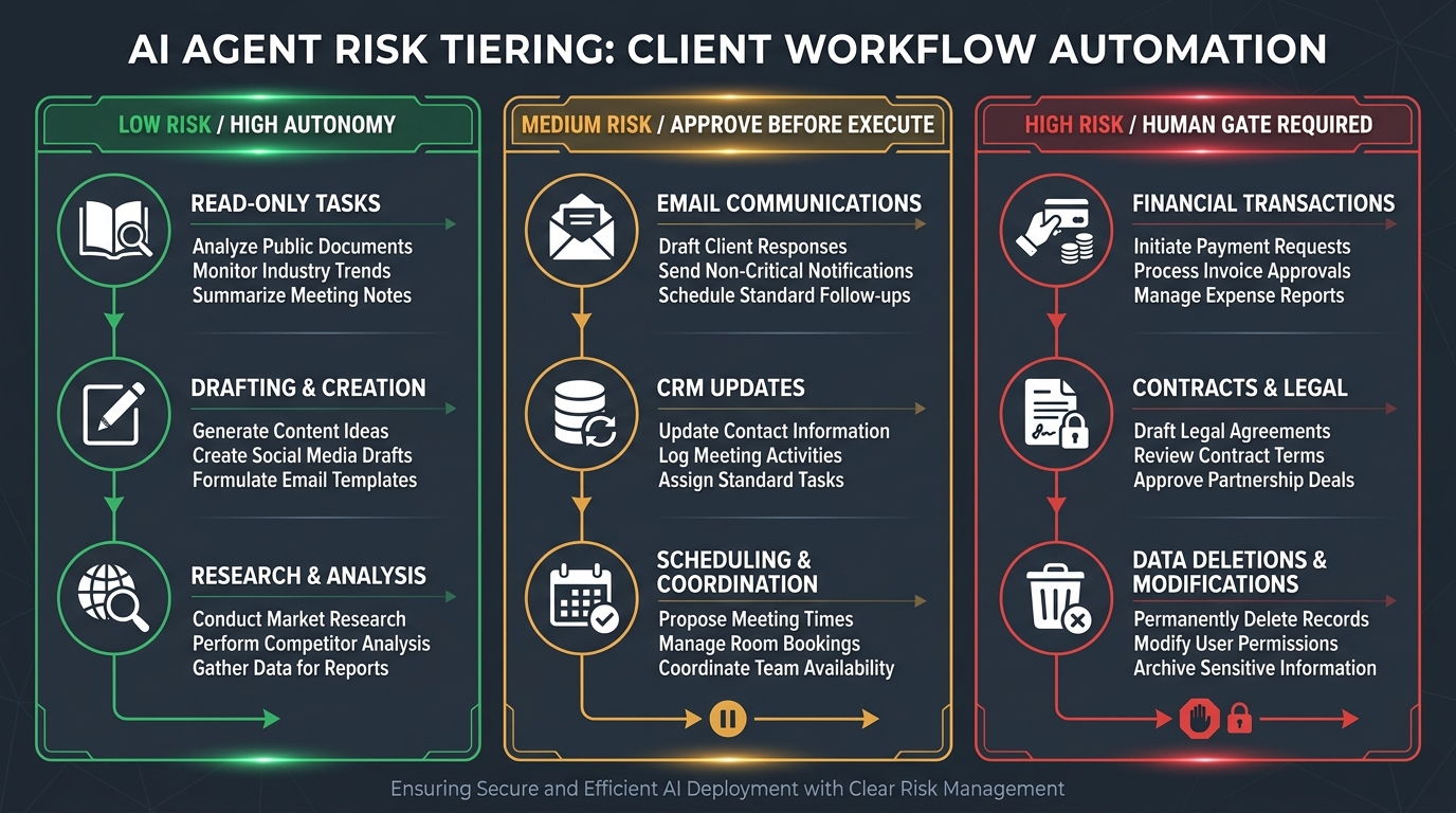 AI agent risk tiering infographic — Low, Medium, and High risk workflow categories for client-facing agents