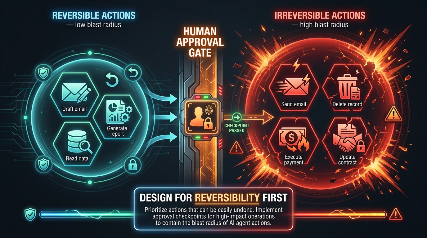 Blast radius diagram — reversible vs. irreversible AI agent actions with human approval gate