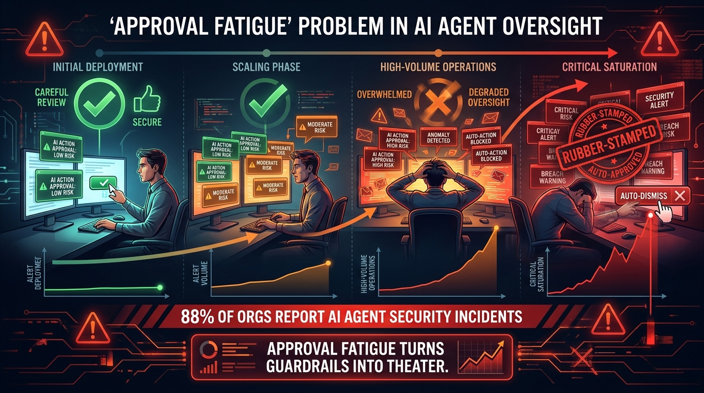 Approval fatigue in AI agent workflows — 88% of organizations report AI agent security incidents
