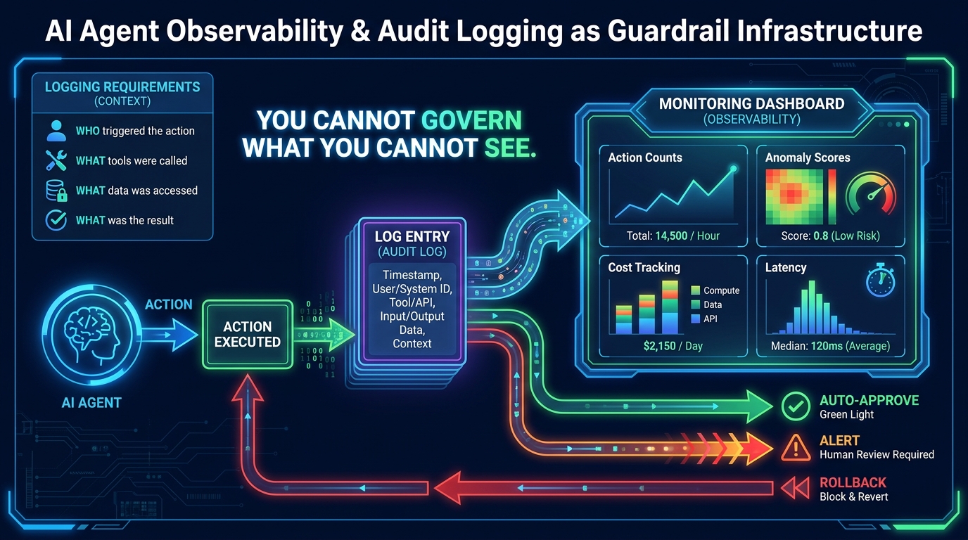 AI agent observability and audit logging infrastructure — the monitoring and alerting control stack