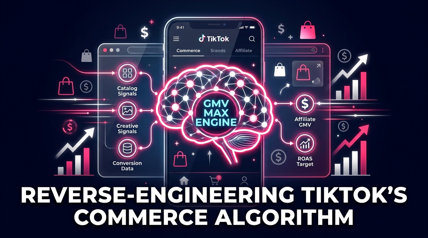 TikTok Shop GMV Max algorithm signal architecture diagram showing the automated commerce engine