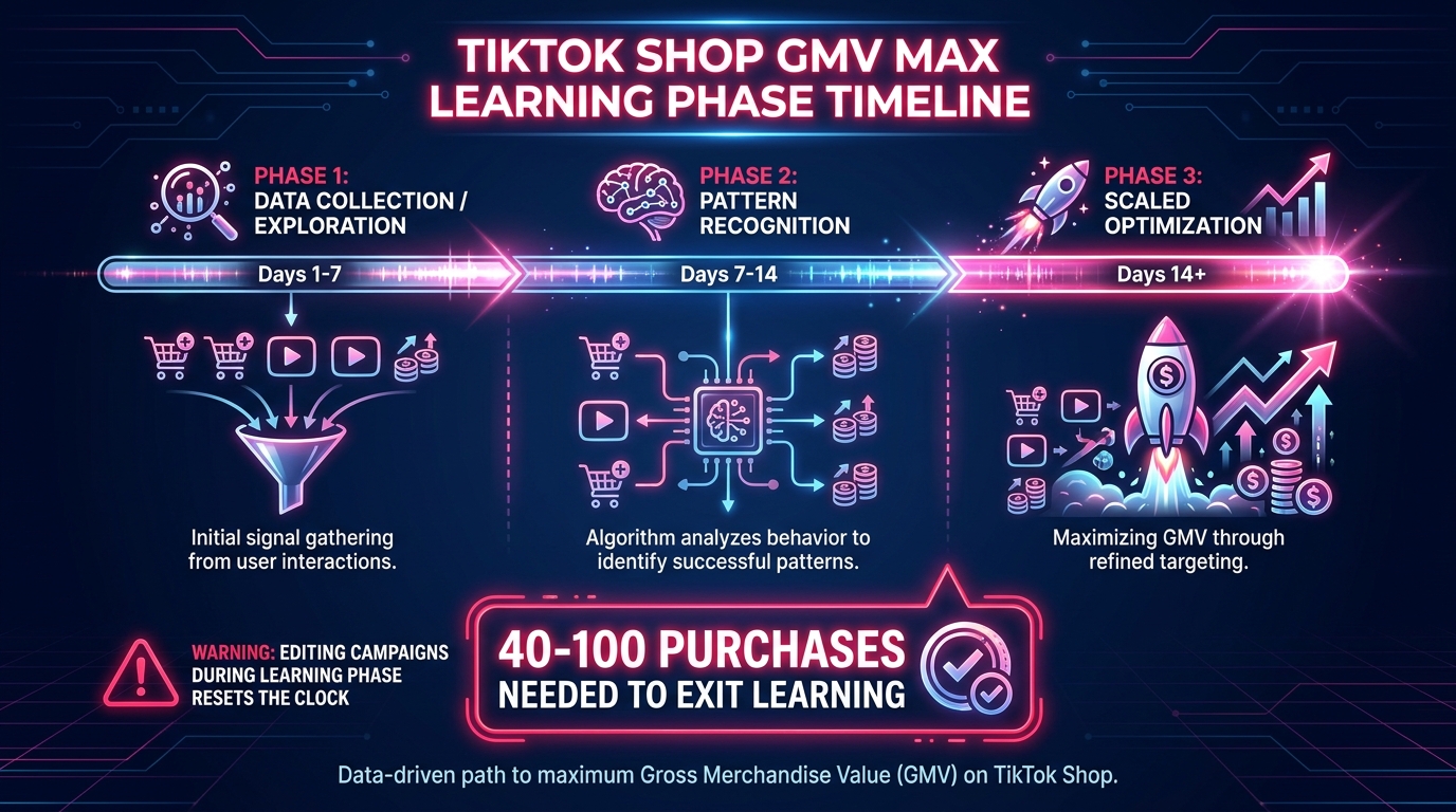 TikTok Shop GMV Max learning phase timeline infographic showing the three phases and 40-100 purchase threshold