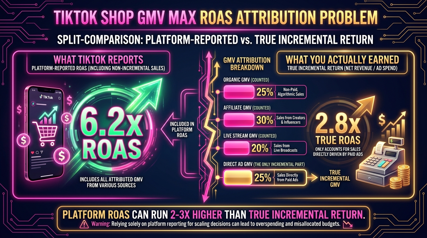 Split comparison showing reported TikTok GMV Max ROAS vs true incremental ROAS with attribution breakdown
