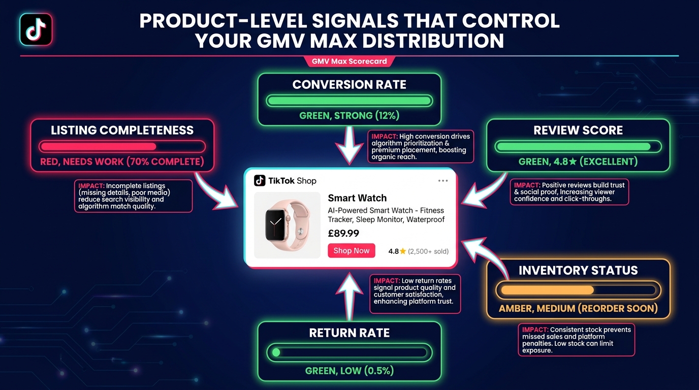 Product catalog health scorecard showing the five key signals that control TikTok Shop GMV Max distribution