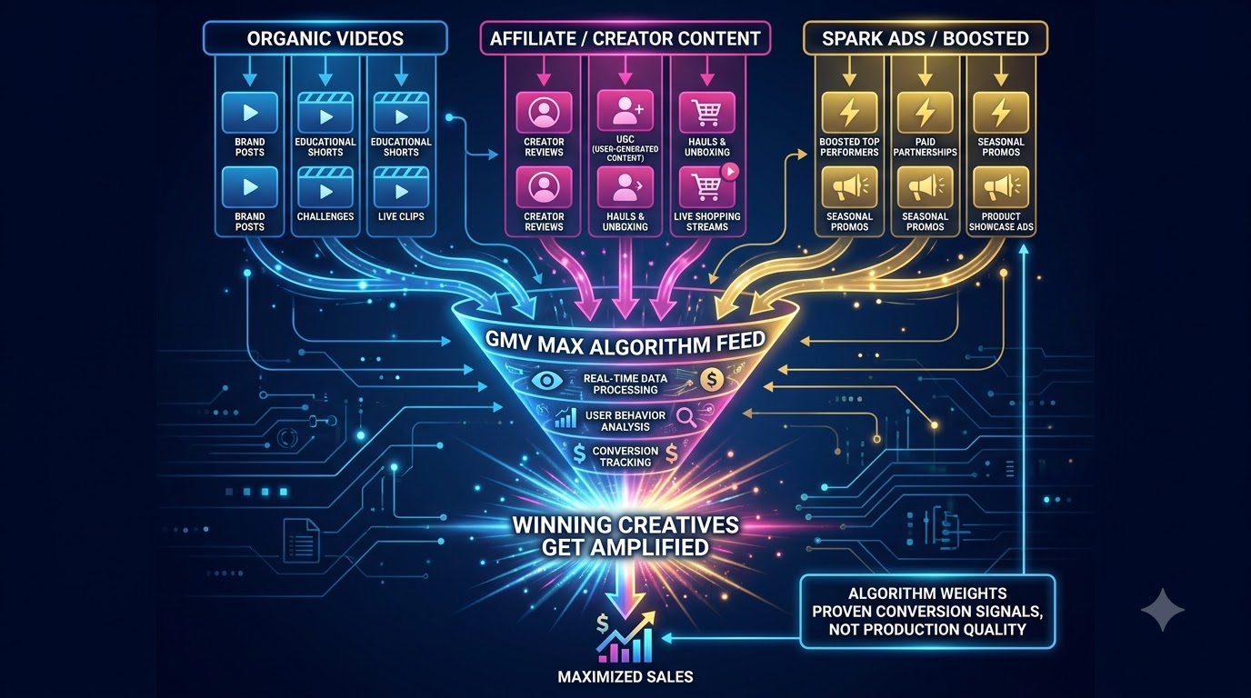 TikTok Shop GMV Max creative content funnel showing organic, affiliate, and Spark Ads feeding the algorithm