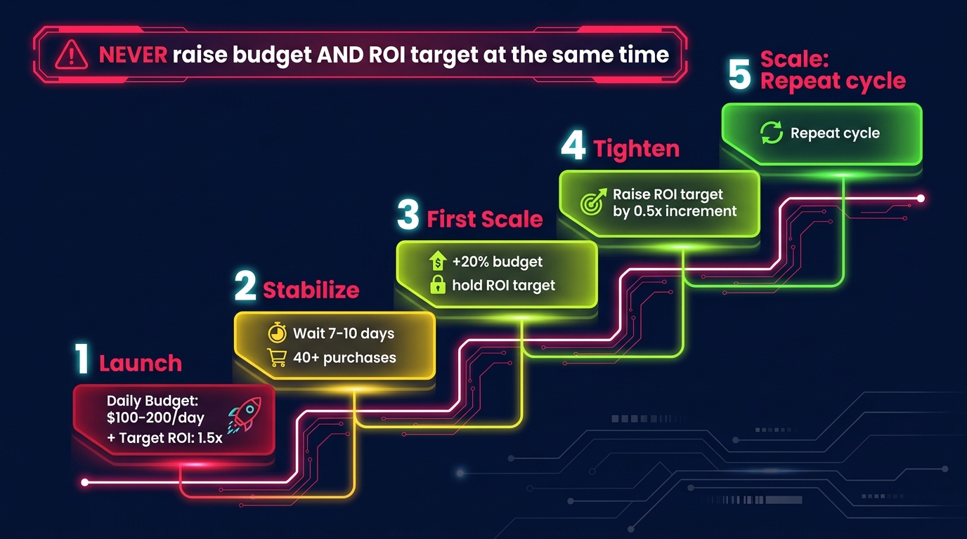 Step-by-step TikTok Shop GMV Max budget scaling diagram showing the five stages from launch to scale