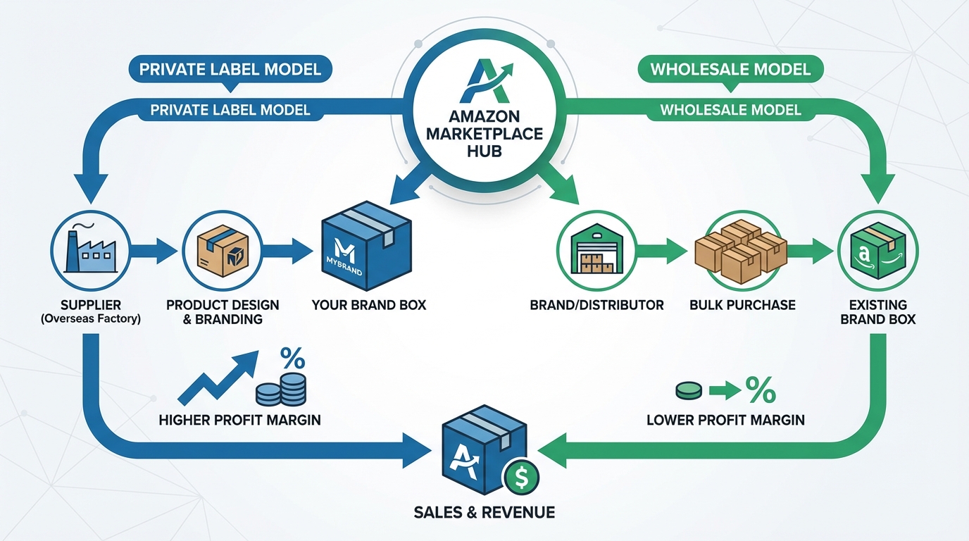 Comparison diagram of private label versus wholesale Amazon business models showing diverging pathways with profit margins and supplier chains