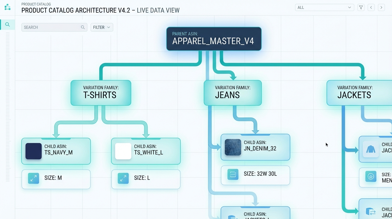 Product catalog architecture visualization showing parent-child ASIN relationships and variation trees with color swatches and size options