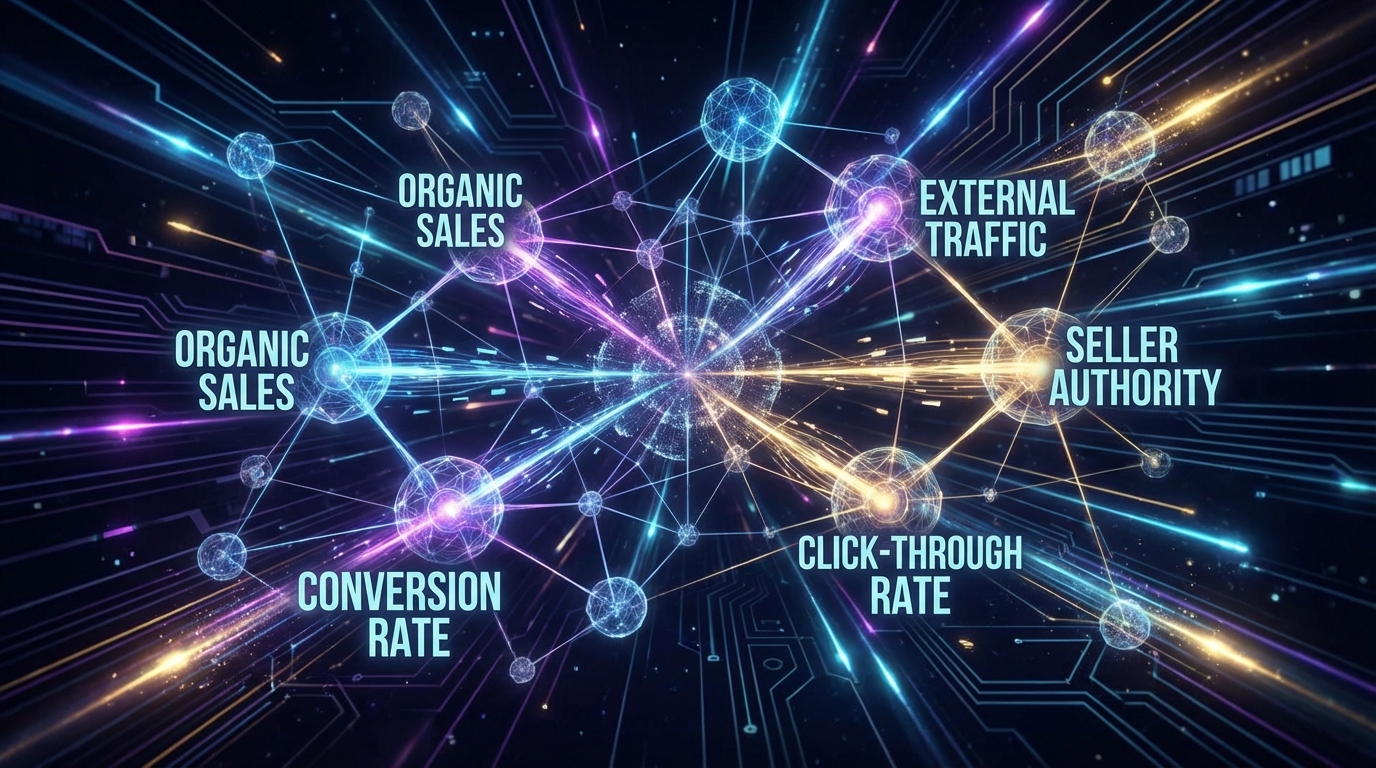 Amazon A10 search algorithm visualization as a neural network with ranking signals including organic sales, conversion rate, and external traffic