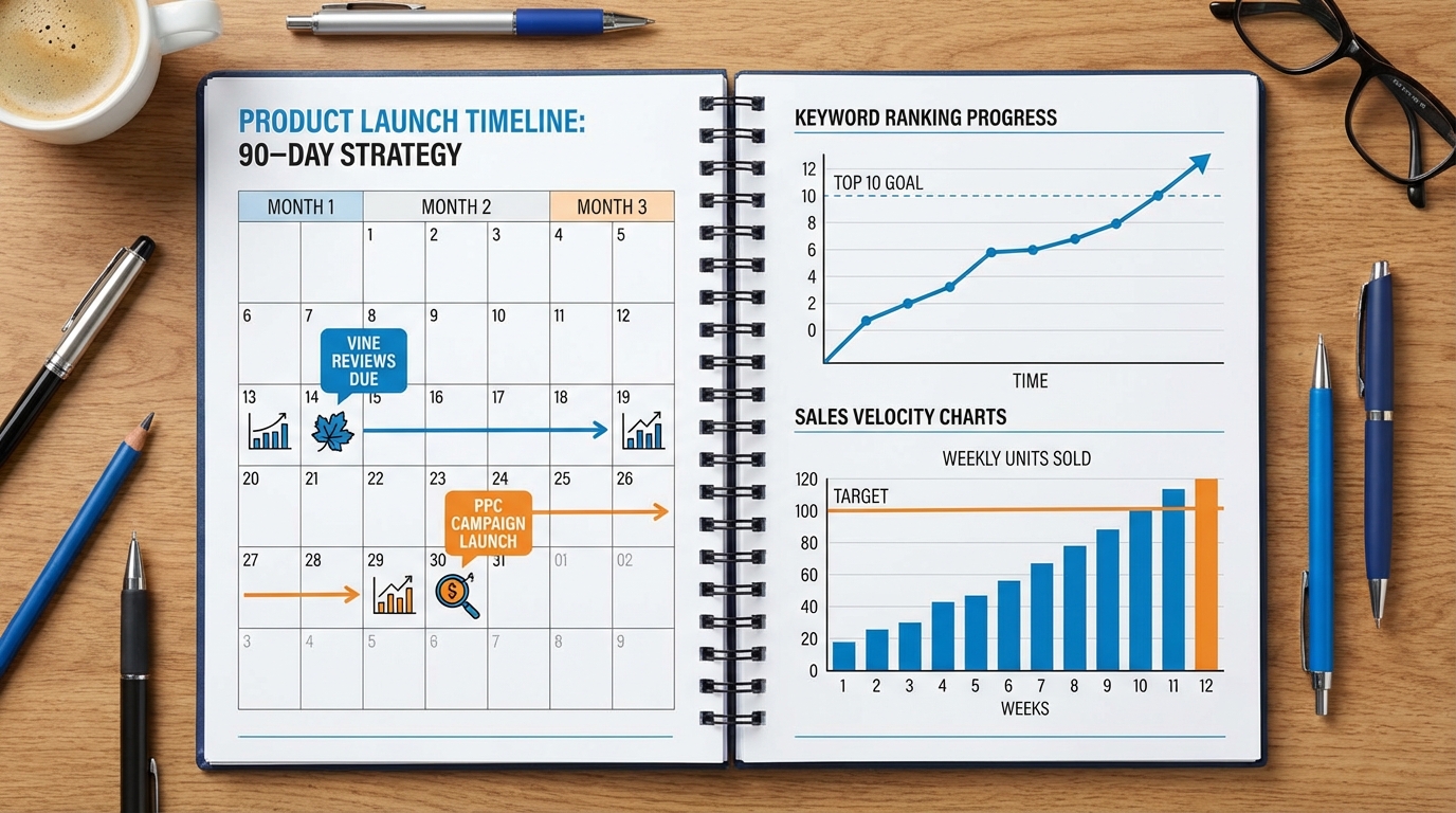 90-day product launch timeline with milestones for Vine reviews, PPC campaigns, keyword ranking progress, and sales velocity charts