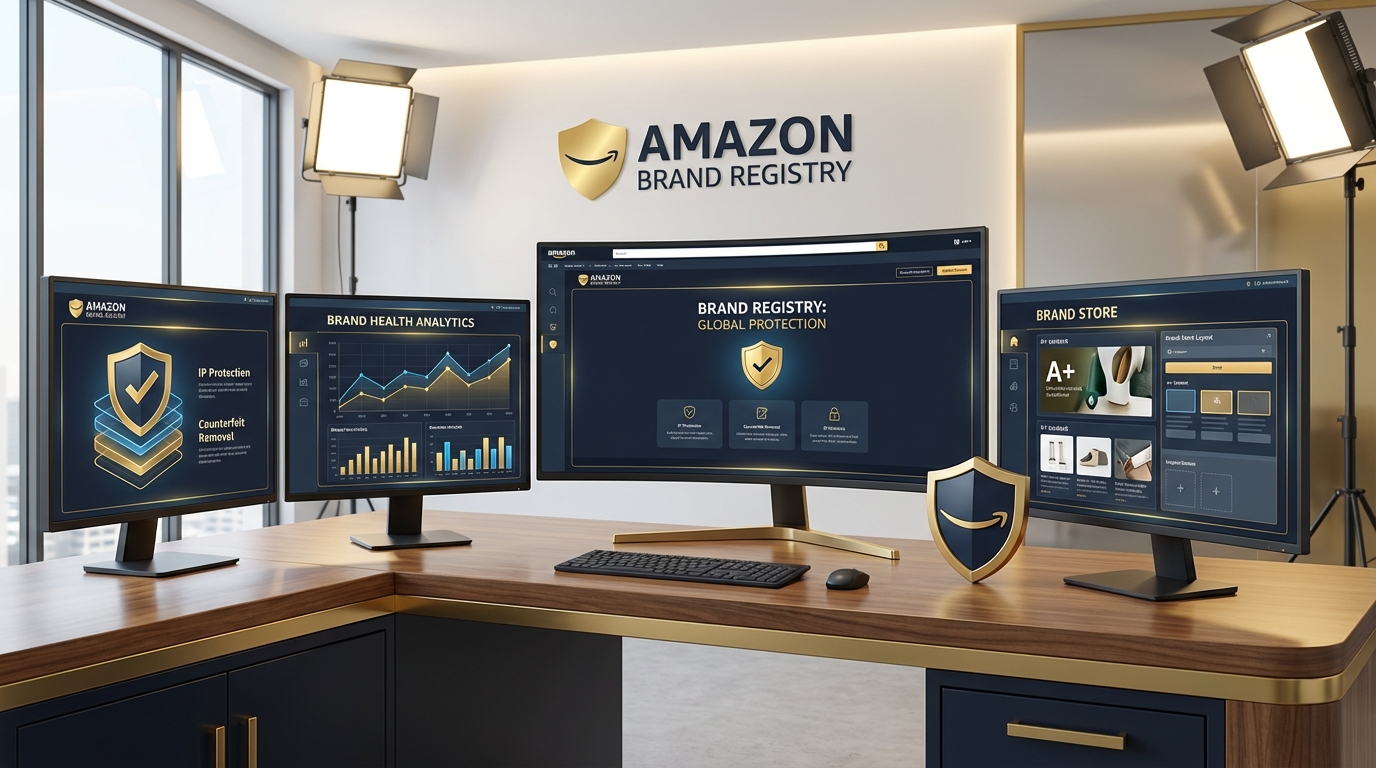 Amazon Brand Registry dashboard showing brand protection shields, analytics graphs, A+ content modules, and brand store pages