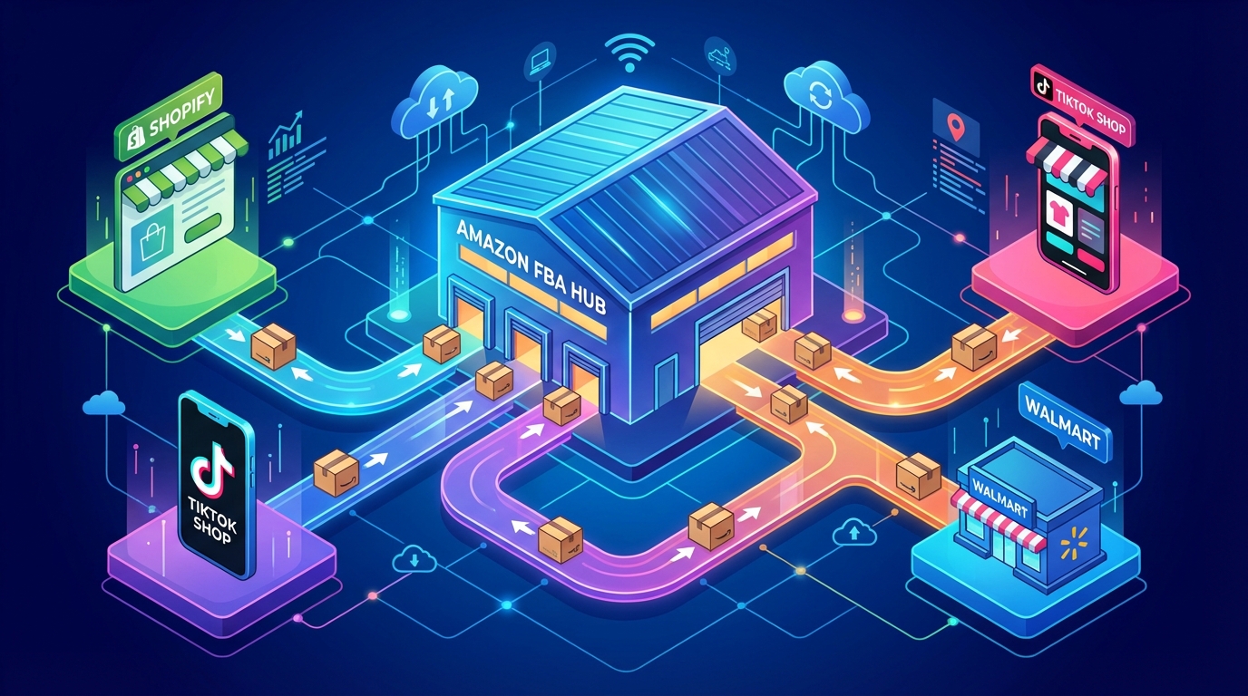 Multi-channel fulfillment showing warehouse boxes flowing from Amazon FBA hub to Shopify, TikTok Shop, and Walmart storefronts
