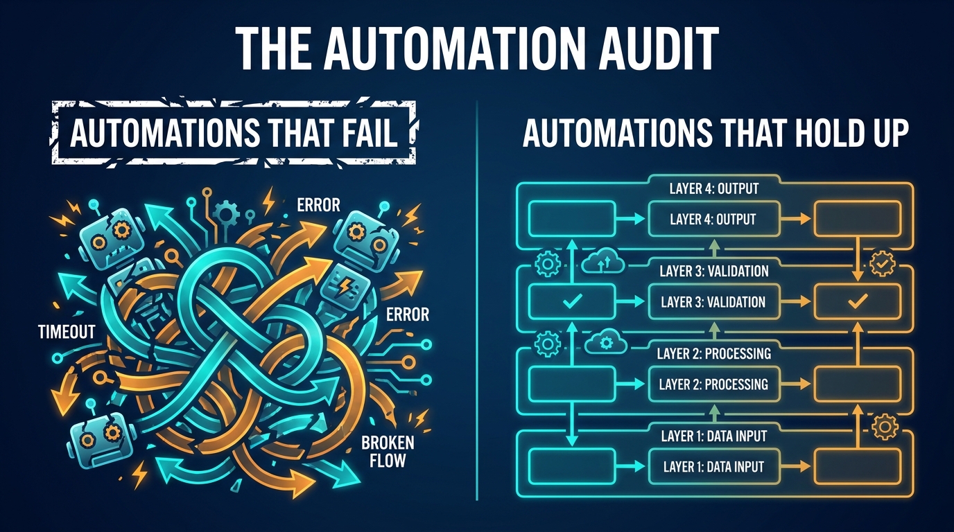 Split-screen comparison: chaotic failed automations on the left vs. a clean, structured AI automation architecture on the right — The Automation Audit