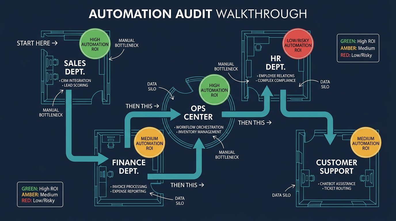 Blueprint-style floor plan of a business showing different departments color-coded by automation ROI potential, with arrows indicating recommended automation sequencing