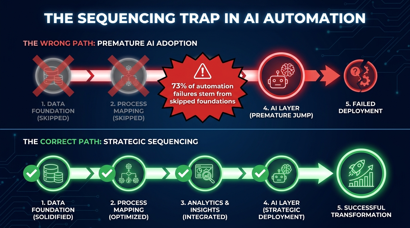 Timeline diagram showing the sequencing trap — companies skipping foundational steps to jump to AI automation, with corrected sequencing shown below