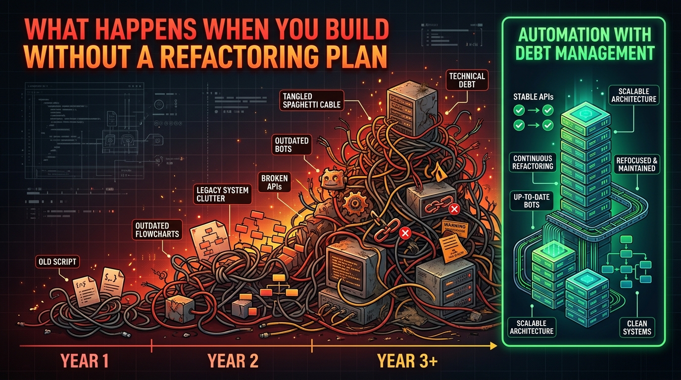 Visualization of automation debt accumulating over time as tangled legacy automations and broken connections, contrasted with a clean maintained automation stack