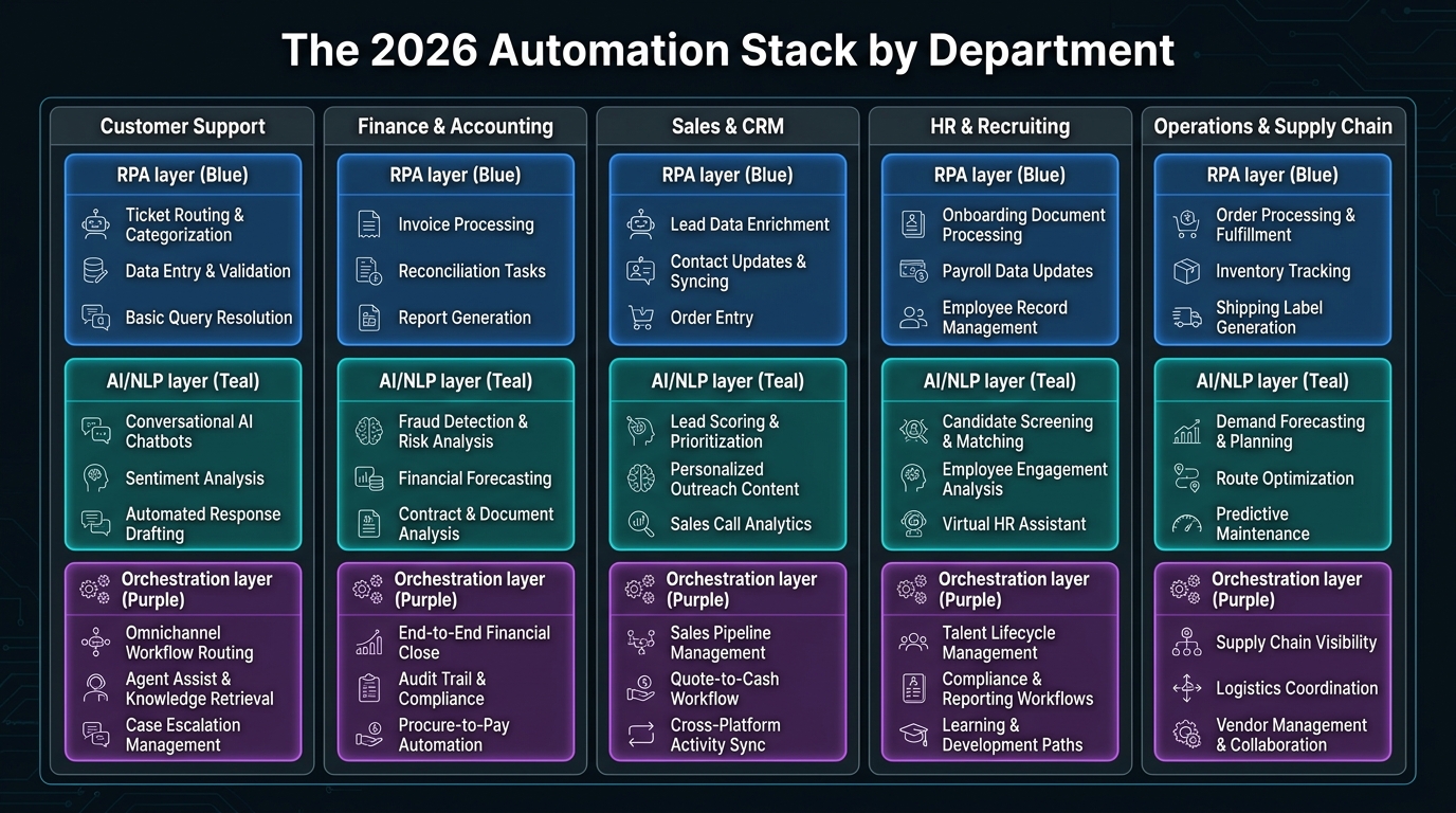 The 2026 Automation Stack by Department — grid showing RPA, AI/NLP, and orchestration layers for Customer Support, Finance, Sales, HR, and Operations
