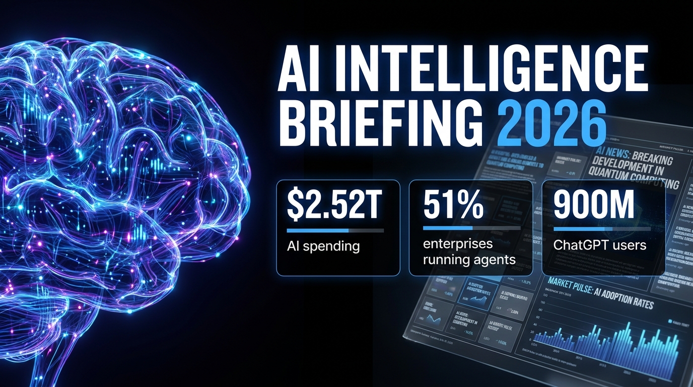AI Intelligence Briefing 2026 — key stats including $2.52T AI spending, 51% enterprises running agents, 900M ChatGPT users