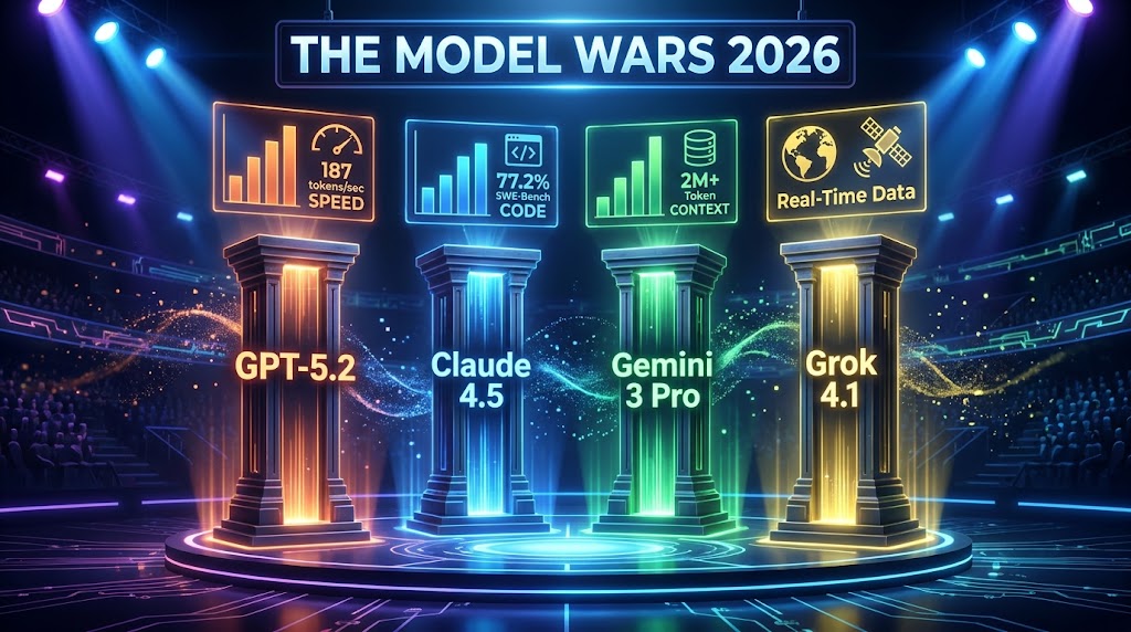 The Model Wars 2026 — GPT-5.2, Claude 4.5, Gemini 3 Pro, and Grok 4.1 benchmark comparison