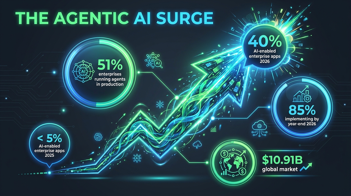 The Agentic AI Surge 2026 — 51% of enterprises running agents in production, 85% implementing by year-end