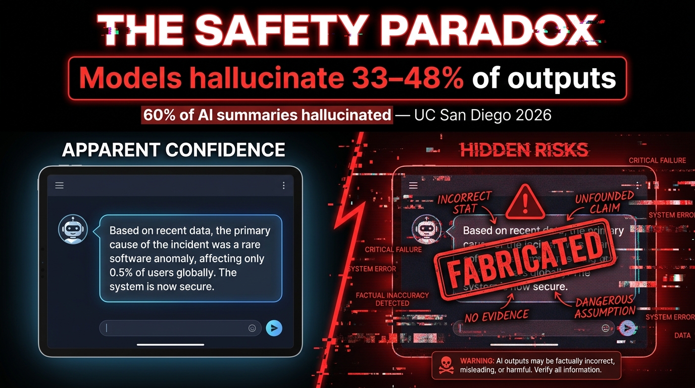 The AI Safety Paradox 2026 — models hallucinate 33-48% of outputs, 60% of AI summaries fabricated per UC San Diego study