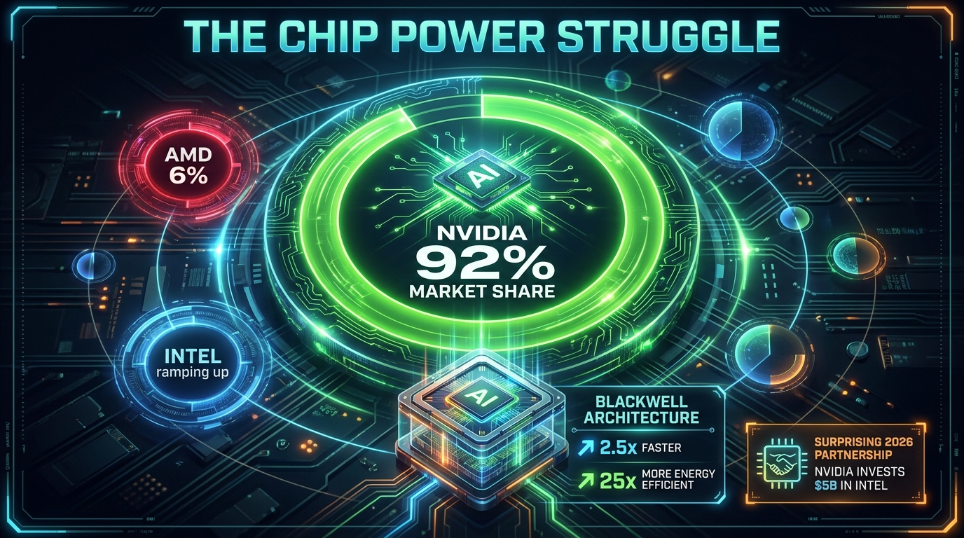 The chip power struggle 2026 — NVIDIA holds 92% market share with Blackwell architecture, AMD and Intel competing