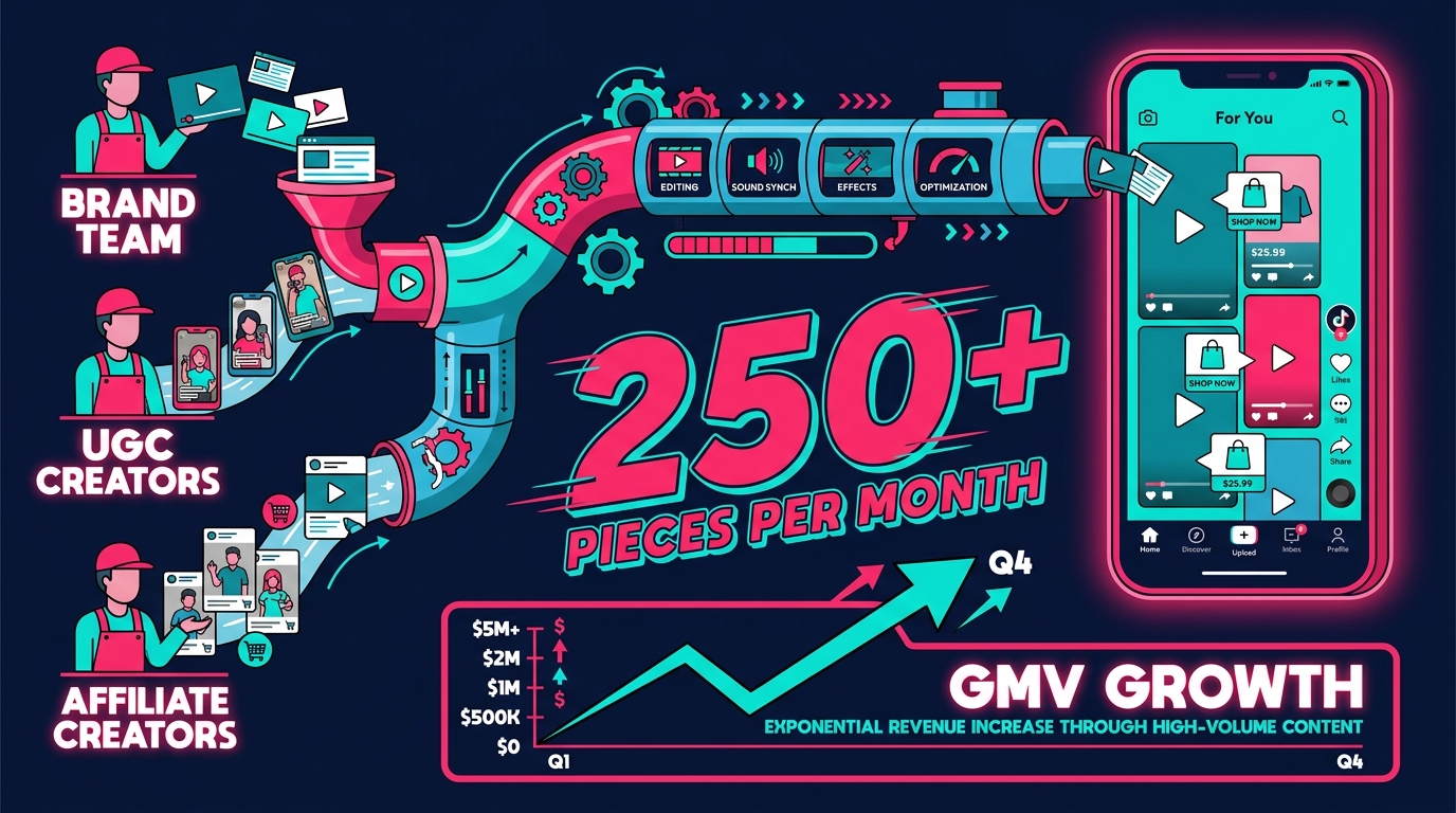 TikTok Shop content engine infographic showing three creator layers feeding into a high-volume production pipeline with 250+ pieces per month output