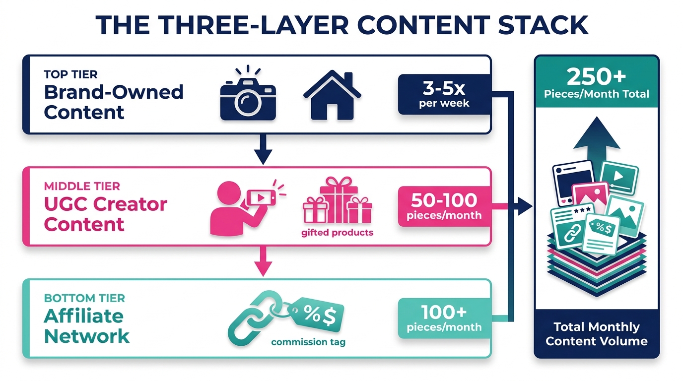 The three-layer TikTok Shop content stack diagram showing Brand-Owned Content, UGC Creator Content, and Affiliate Network tiers combining to produce 250+ pieces per month