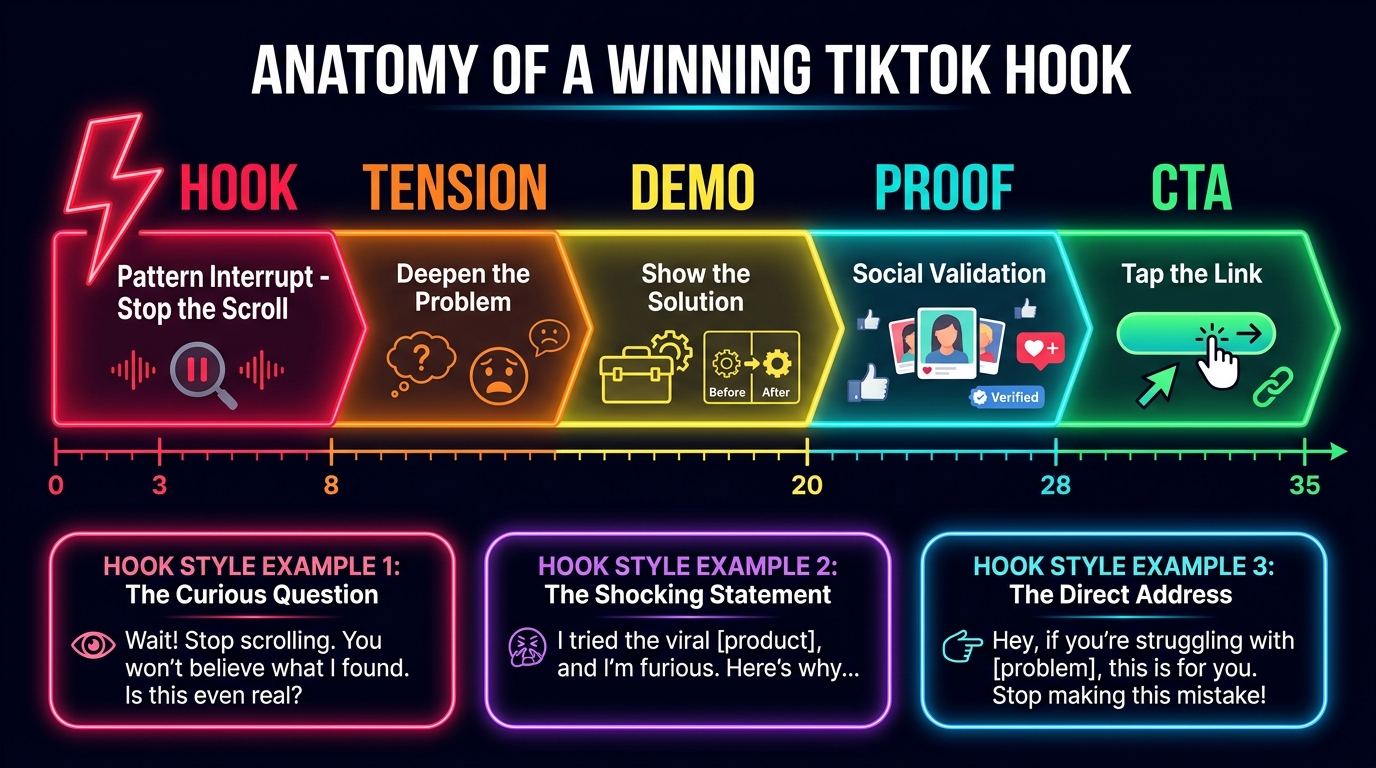 Anatomy of a winning TikTok hook showing the five-segment video timeline: Hook 0-3 seconds, Tension 3-8 seconds, Demo 8-20 seconds, Proof 20-28 seconds, and CTA 28-35 seconds