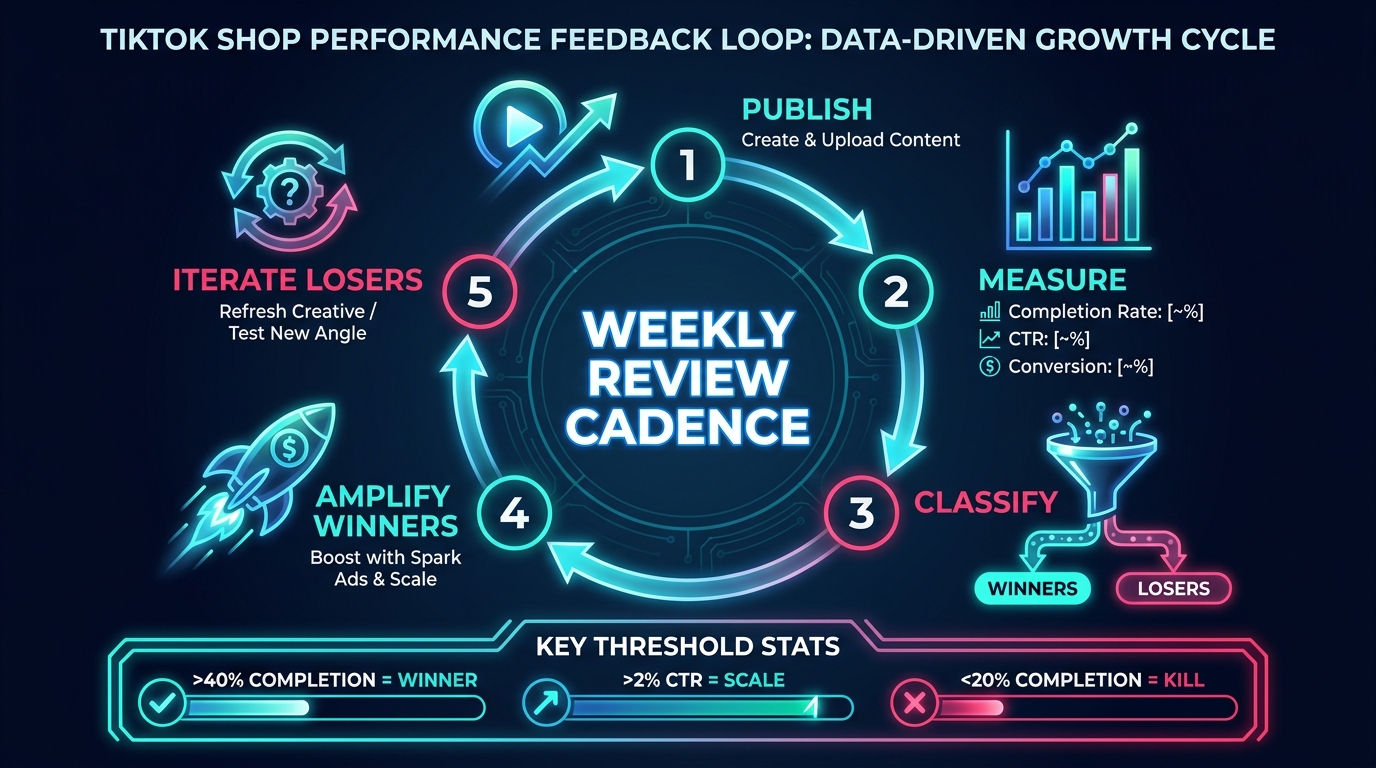 TikTok Shop performance feedback loop circular diagram showing the weekly cycle of Publish, Measure, Classify, Amplify Winners, and Iterate Losers with performance threshold stats