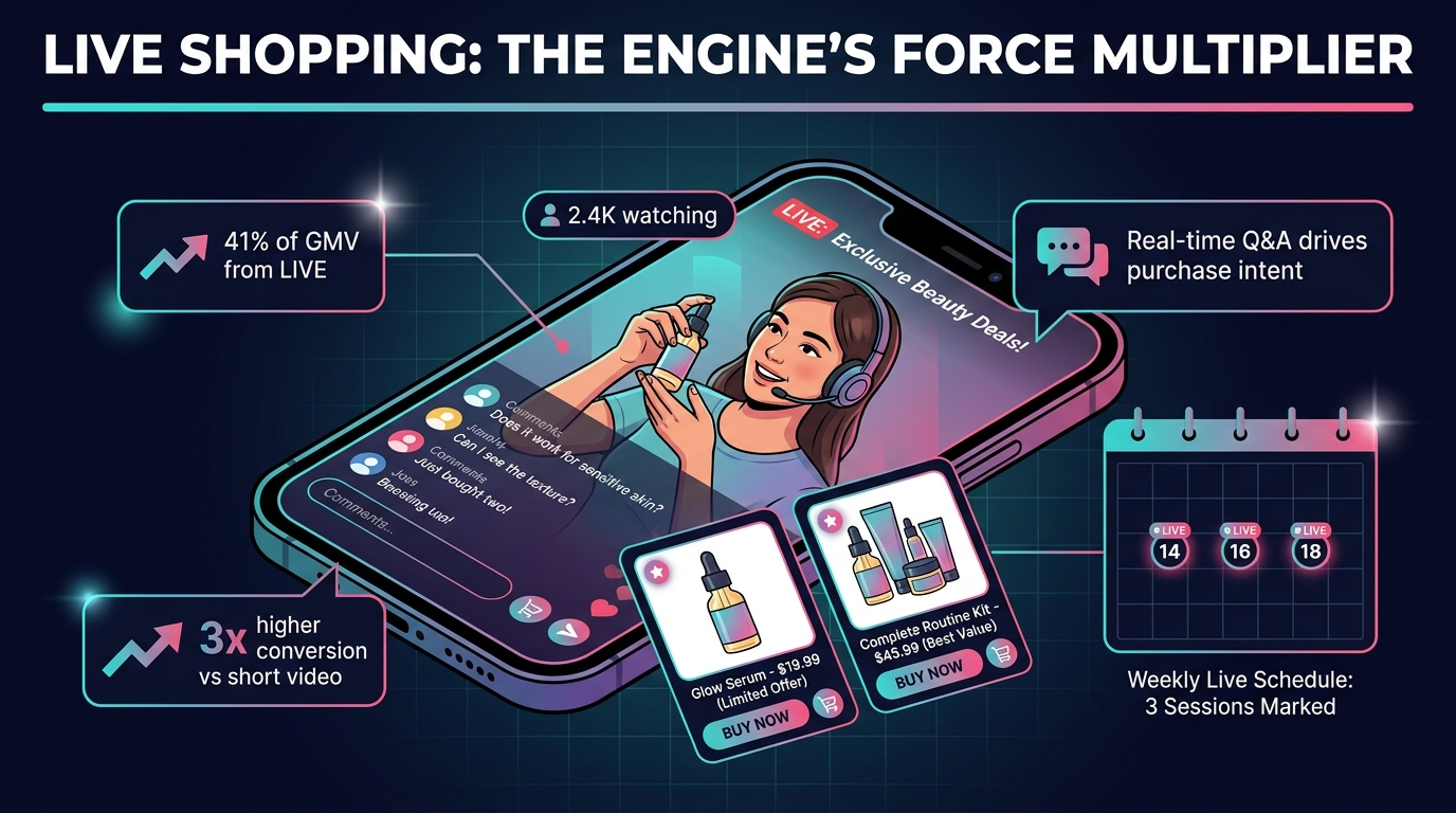 TikTok Shop live stream illustration showing a smartphone with 2.4K live viewers, shopping product cards, and data callouts showing 41% of GMV from LIVE and real-time Q&A driving purchase intent