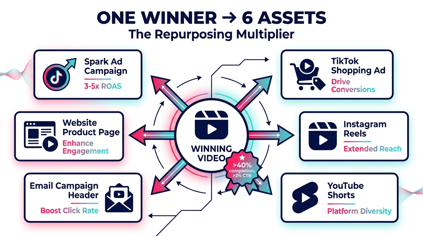 Content repurposing workflow diagram showing one winning TikTok video branching out to six asset types: Spark Ad Campaign, TikTok Shopping Ad, Instagram Reels, YouTube Shorts, Email Campaign Header, and Website Product Page