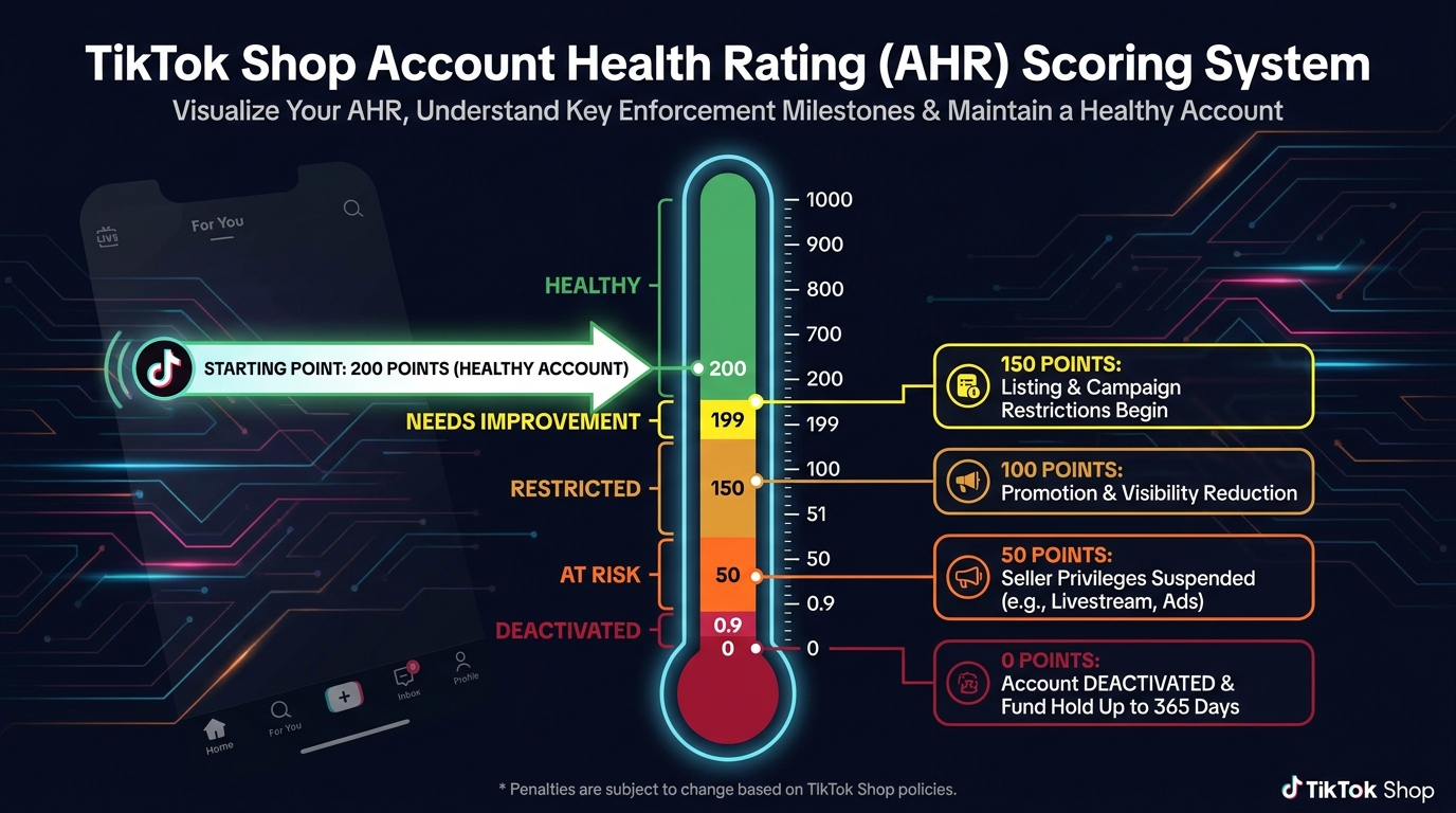 TikTok Shop Account Health Rating AHR scoring system infographic — 0 to 1000 point scale with enforcement thresholds