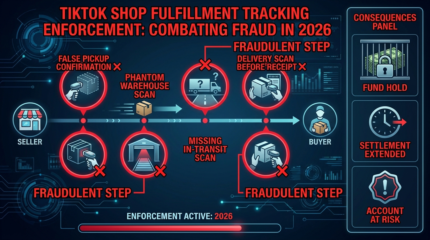 TikTok Shop fulfillment tracking fraud enforcement — fake tracking violations and fund hold consequences