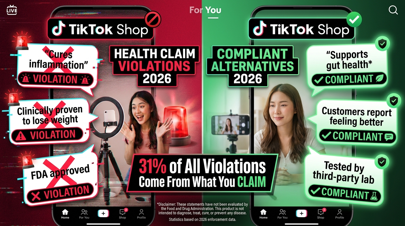 TikTok Shop content claims enforcement — compliant vs non-compliant health claim language comparison