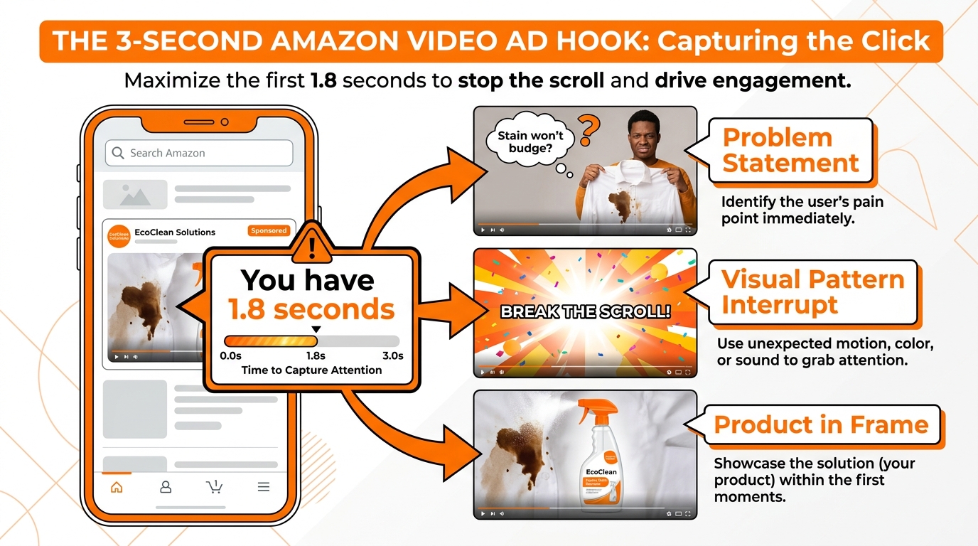 Anatomy of an Amazon SBV video hook — showing the 1.8-second window with problem statement, visual interrupt, and product in frame