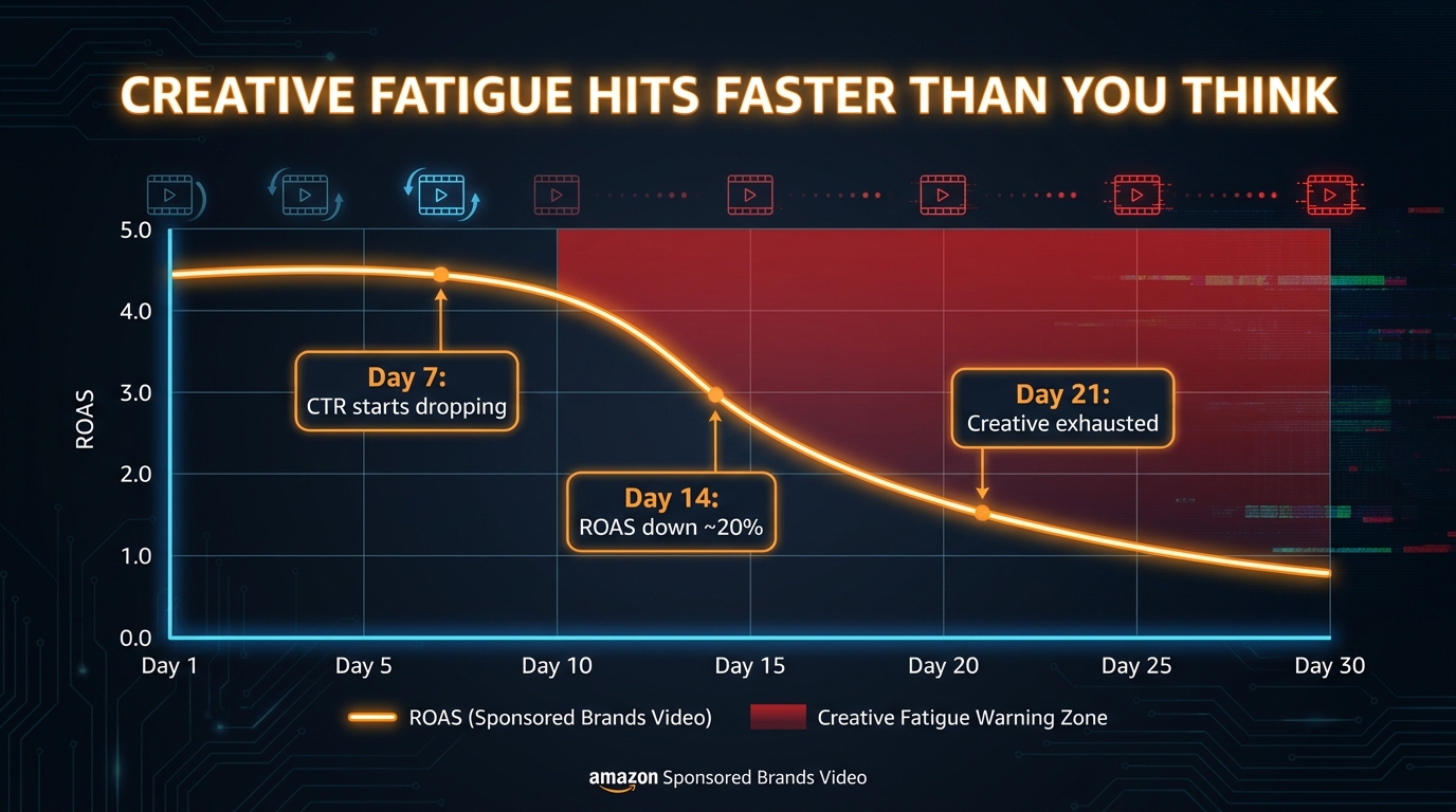 Creative fatigue timeline for Amazon SBV ads showing ROAS decline beginning around Day 7-14 with warning zones marked