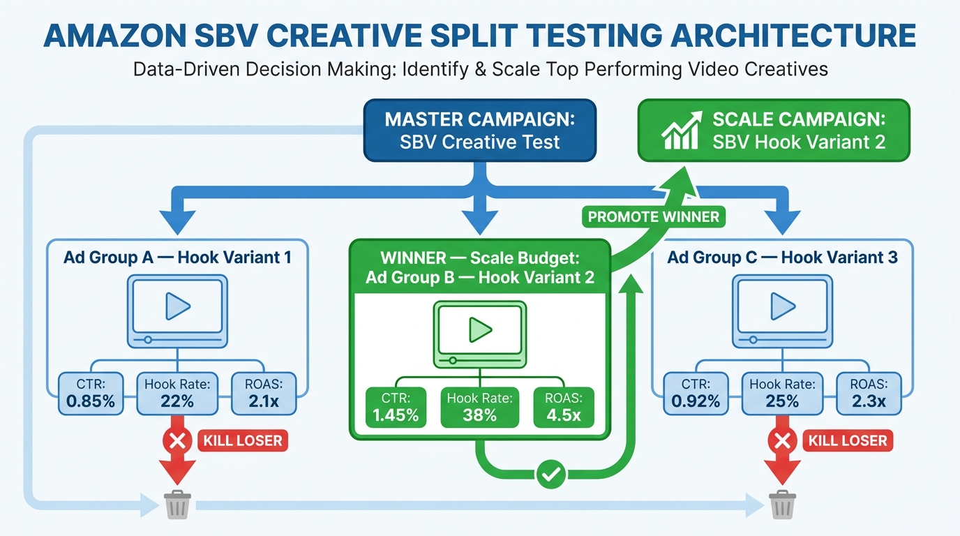 Amazon SBV ad group architecture for creative split testing — campaign structure showing winner promotion workflow