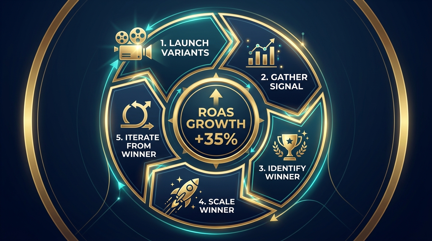 Compounding ROAS flywheel for SBV creative iteration showing five connected stages from launch to iterate
