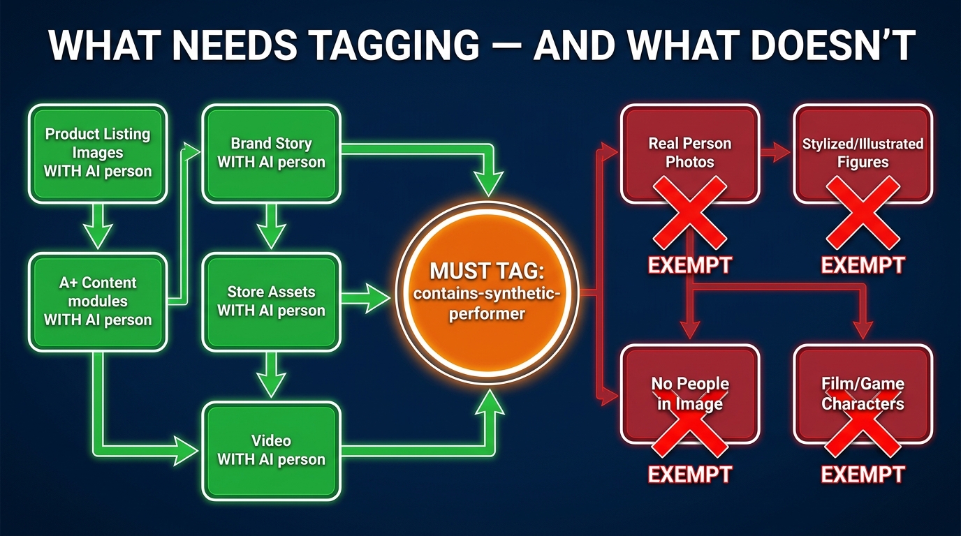 Infographic showing which Amazon images require contains-synthetic-performer metadata tagging and which are exempt